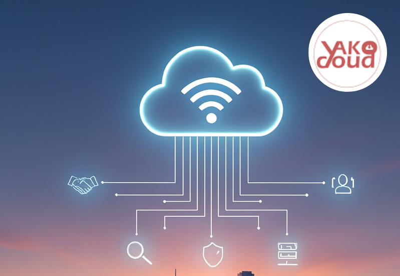 A glowing blue cloud icon with a Wi-Fi symbol sits above a silhouette of a city skyline, which emerges from a soft bed of white and pink clouds at sunset. Digital lines connect the cloud to various icons representing business, security, and data.